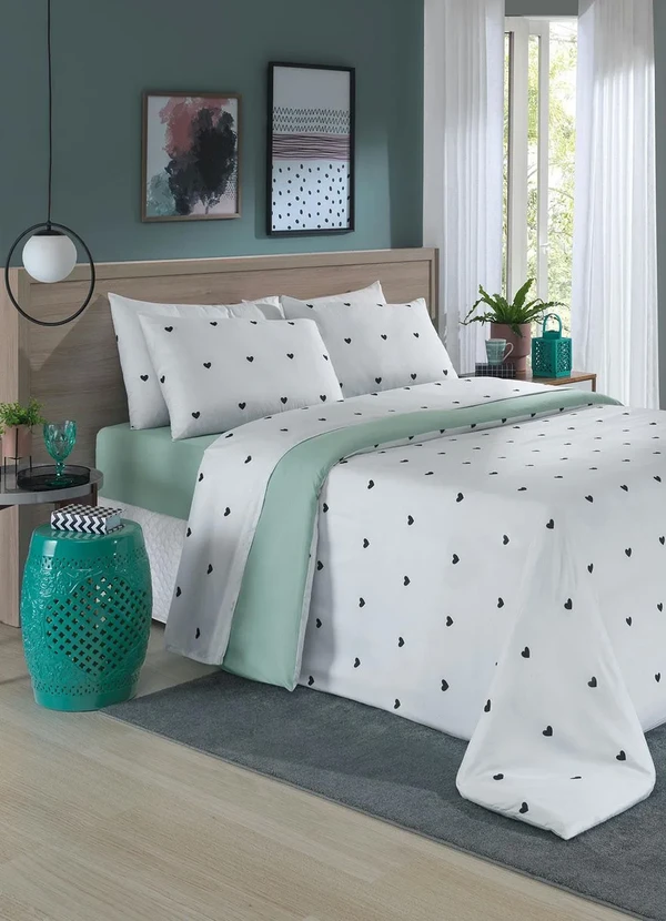 Mundo Lar - Jogo de Cama Coração Verde Queen 4 Peças 1