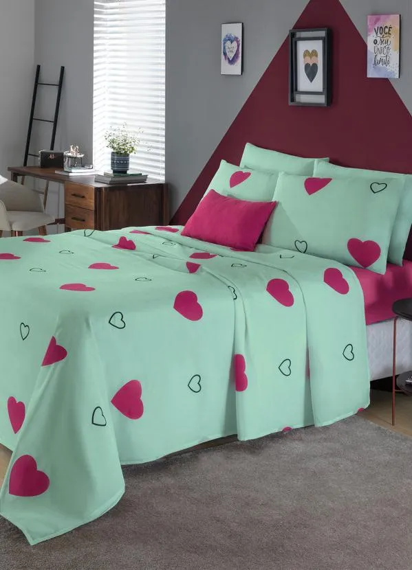 Mundo Lar - Jogo de Cama Coração Verde Queen 4 Peças