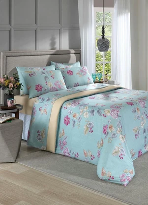 Mundo Lar - Jogo de Cama Floral Azul Queen 4 Peças - MUNDO LAR