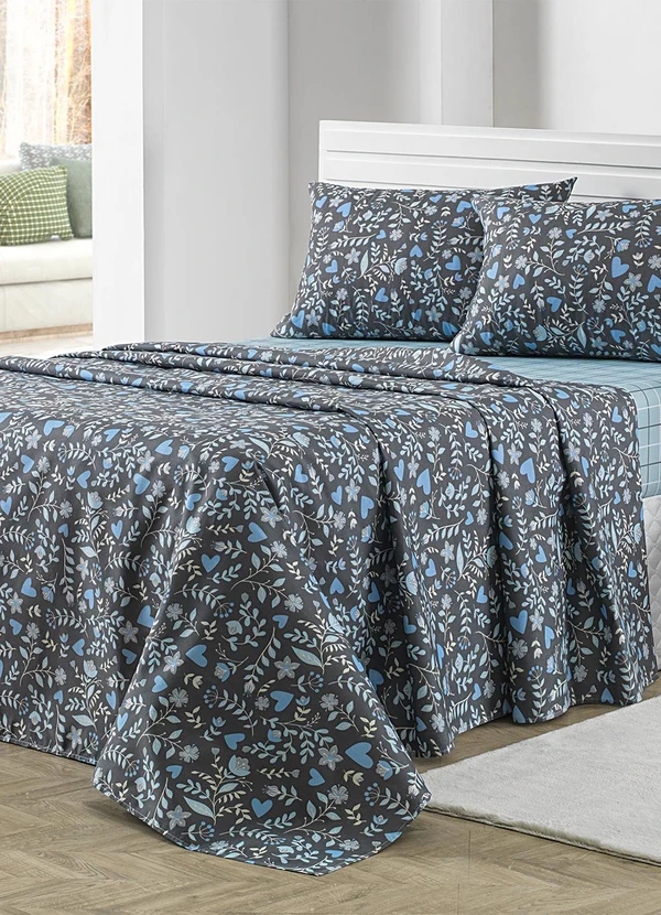 Ligasoft - Jogo de Cama Floral Azul Queen 4 Peças