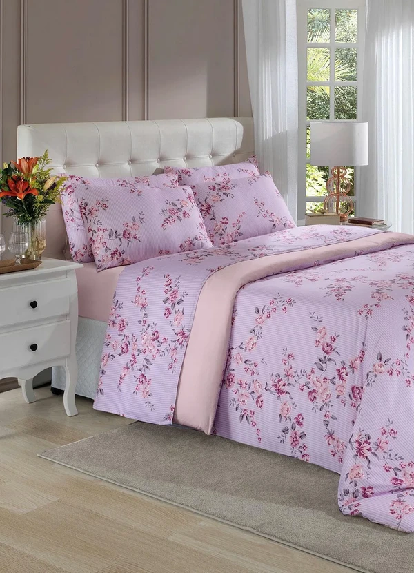 Mundo Lar - Jogo de Cama Floral Lilás Queen 4 Peças