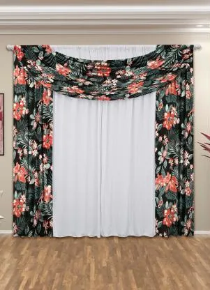 Lar e Lazer - Cortina com Bandô Floral Preta 360x180 cm - LAR E LAZER