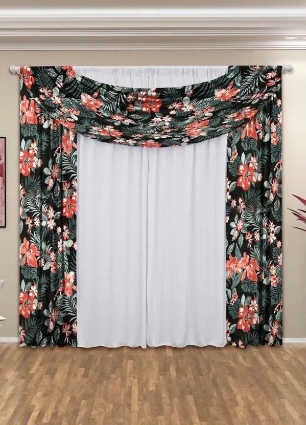 Lar e Lazer - Cortina com Bandô Floral Preta 360x180 cm