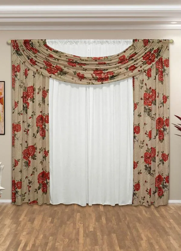 Lar e Lazer - Cortina com Bandô Floral Vermelha 360x180 cm