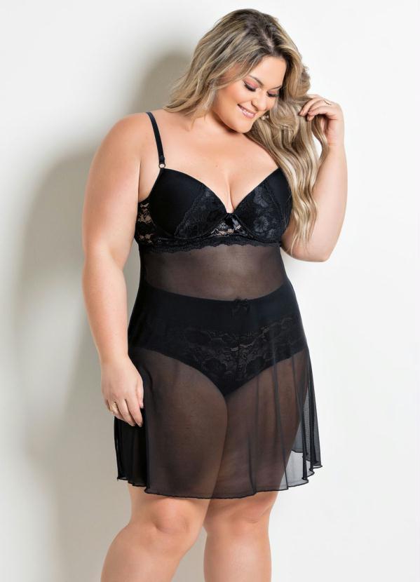 Alma Dolce - Camisola Plus Size em Tule Preta