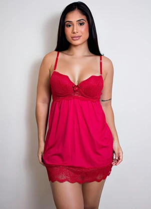 Dukali - Camisola de Renda com Bojo e Calcinha Vermelho - DUKALI