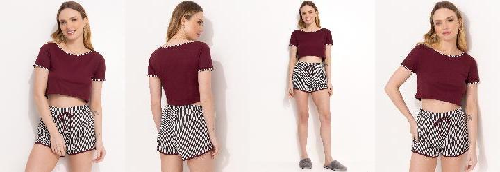 Pijama Listrado e Bord Blusa de Manga Curta