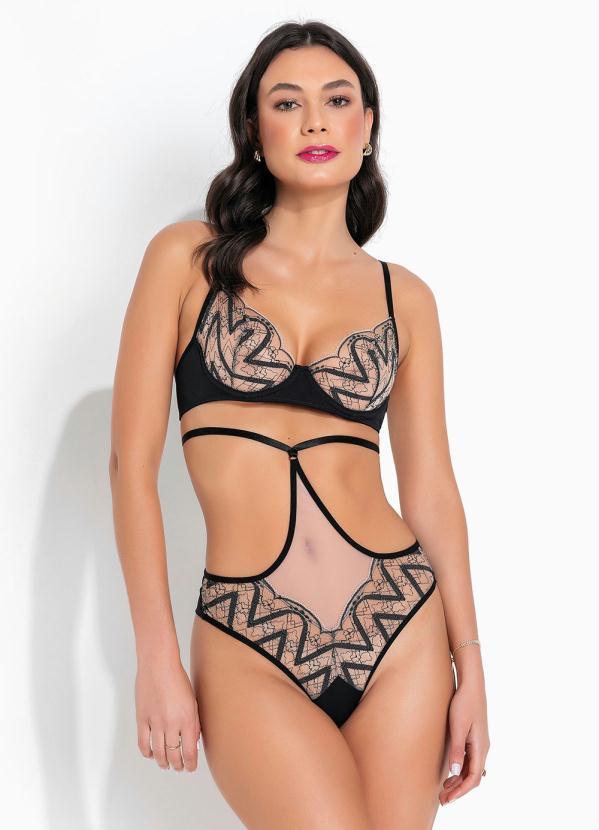 Alma Dolce - Sutiã Preto com Renda Transparente e Aro 3