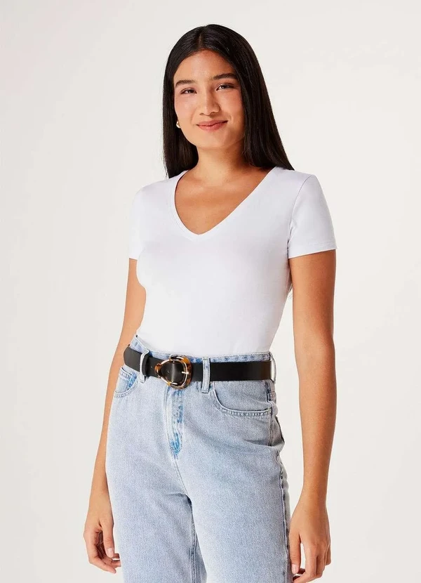 Hering - Blusa Basica Feminina Decote V com Elastano Branco