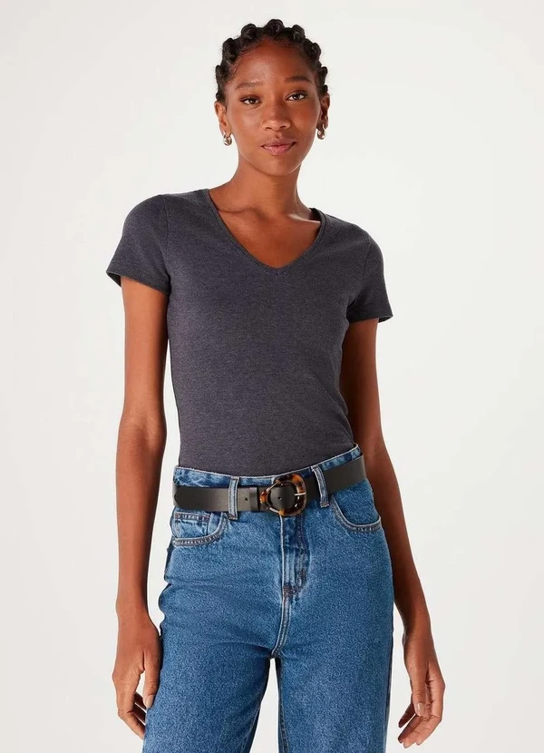 Hering - Blusa Basica Feminina Decote V com Elastano Cinza