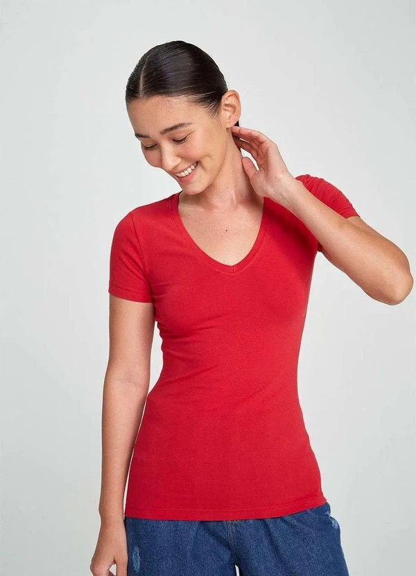 Hering - Blusa Basica Feminina Decote V com Elastano Vermelho
