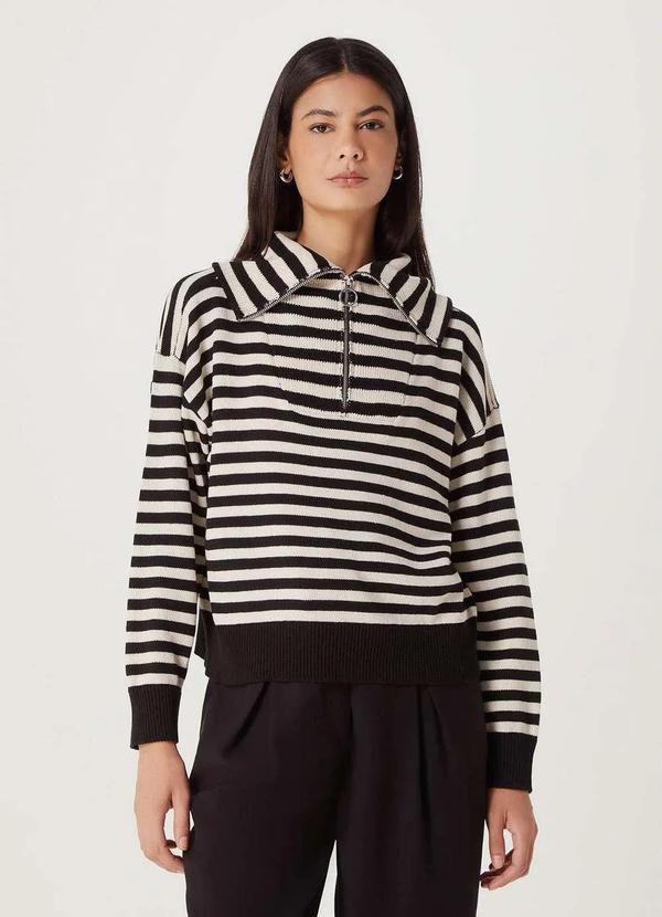 Hering - Blusa Feminino Listrado em Trico com Ziper Preto