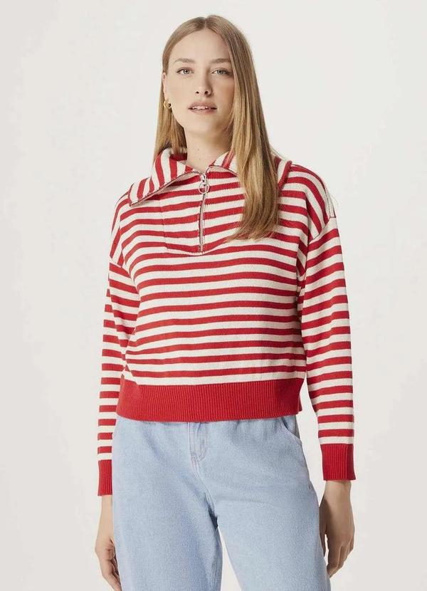 Hering - Blusa Feminino Listrado em Trico com Ziper Vermelho