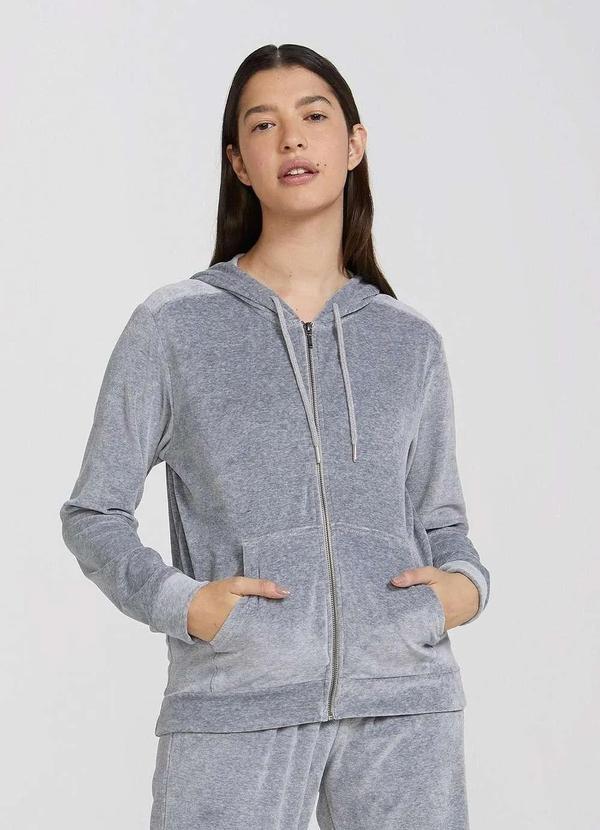 Hering Jaqueta Feminina em Plush com Capuz e Bolso Frontal Cinza