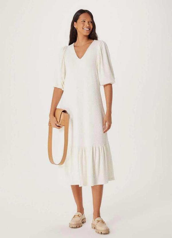 Hering - Vestido Midi Manga 3/4 em Malha Texturizada Branco
