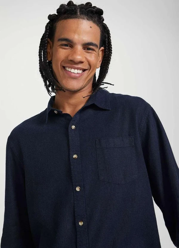 Hering - Camisa Basica Masculina Slim Manga Longa em Linho Azul 2