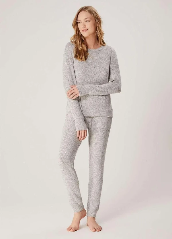Hering - Pijama Feminino Basico Longo em Tricot Cinza