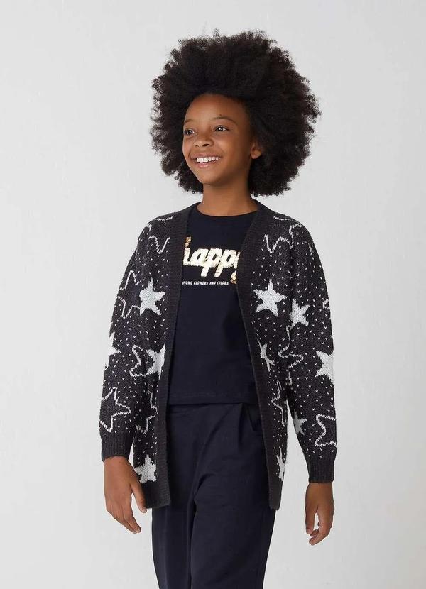 Hering - Casaco Infantil Menina em Trico Estampado Preto