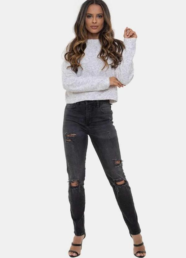 Pink Tricot - Blusa Cropped de Tricô Mousse Manga Longa Pink Tricot Feminino Branco