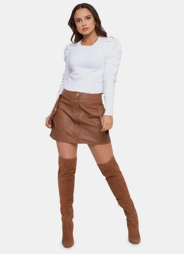 Pink Tricot - Blusa Cropped de Tricô Pink Tricot Manga Longa Bufante Feminino Branco