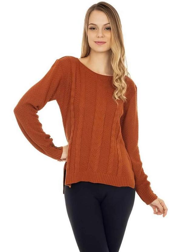 Pink Tricot - Blusa de Tricô Pink Tricot Manga Longa Mullet Trançada Feminina Ferrugem