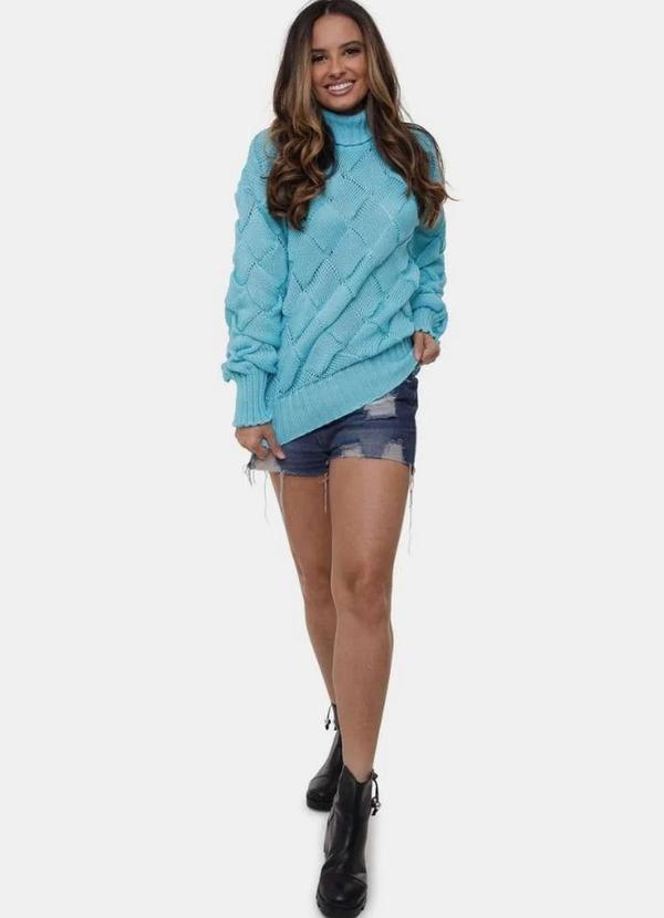 Pink Tricot - Blusa Manga Longa Pink Tricot Losangos Gola Alta Tricô Feminina Verde Claro
