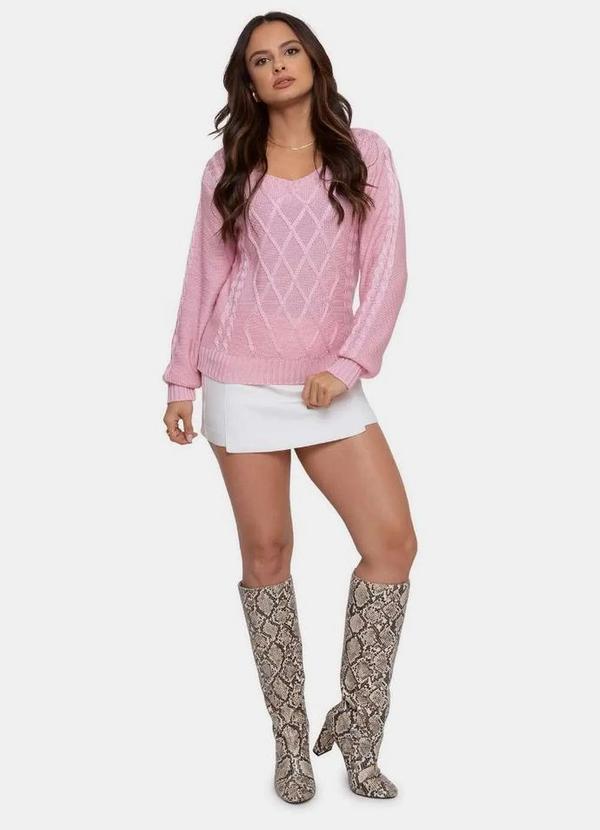 Pink Tricot - Blusa Pink Tricot de Tricô Liso com Tranças Manga Longa Feminina Rosa
