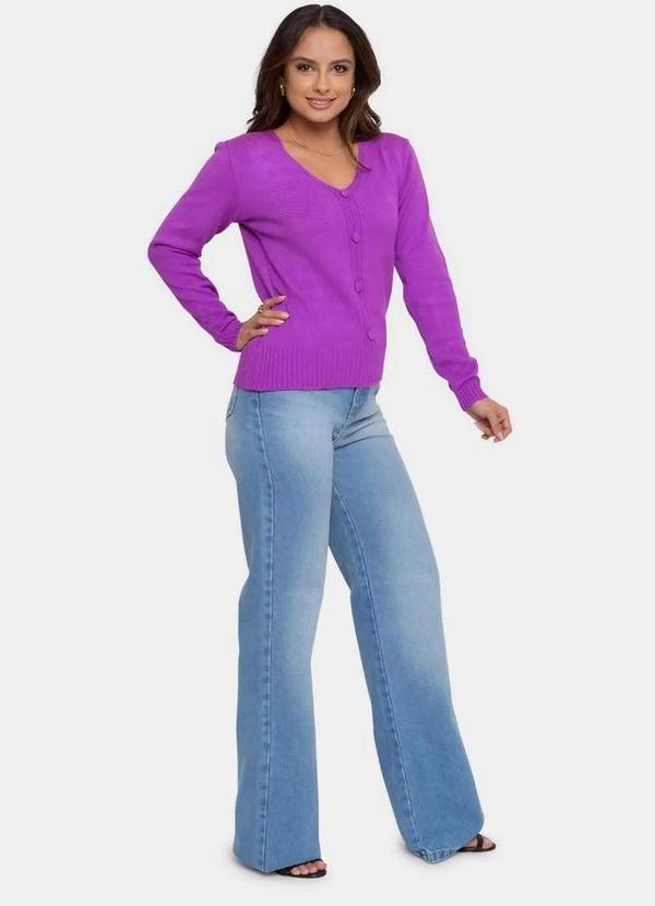 Pink Tricot - Blusa Pink Tricot Manga Longa de Tricô e Decote V Feminina Violeta