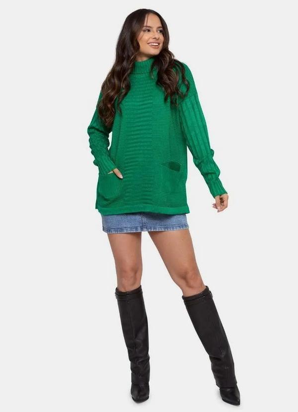 Pink Tricot - Blusa Poncho Pink Tricot Manga Longa de Tricô Gola Role Feminino Verde