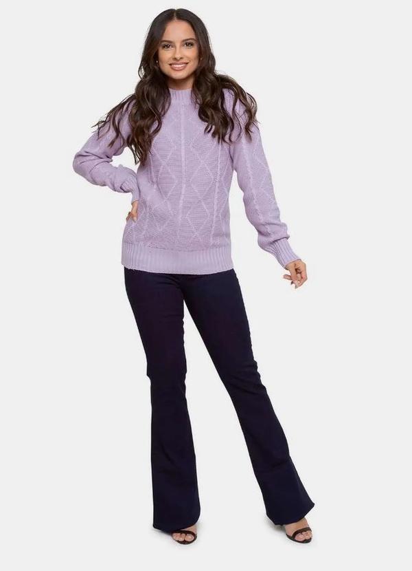 Pink Tricot - Blusa Sueter Pink Tricot de Tricô Trançado Geométricos Feminino Lilás