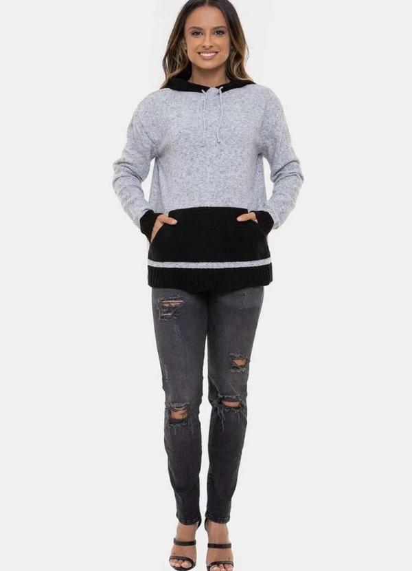 Pink Tricot - Tricô Blusa Moletom Pink Tricot com Capuz Mousse Bicolor Feminino Cinza+Preto