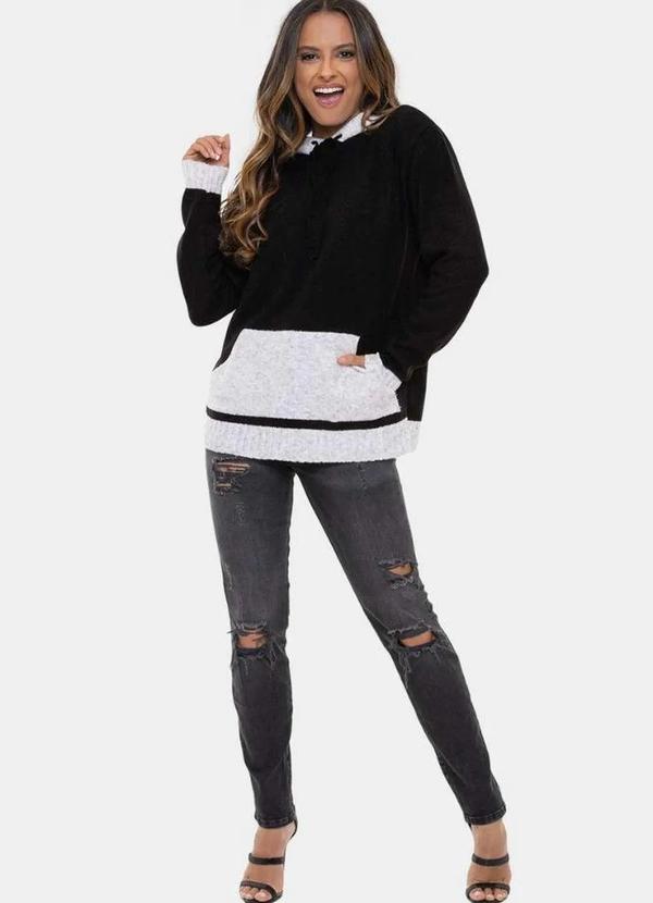 Pink Tricot - Tricô Blusa Moletom Pink Tricot com Capuz Mousse Bicolor Feminino Preto+Branco