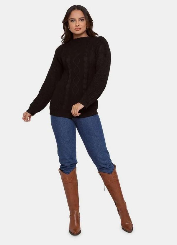 Pink Tricot - Tricô Blusa Pink Tricot Fang Trançado e Manga Longa Feminina Preto