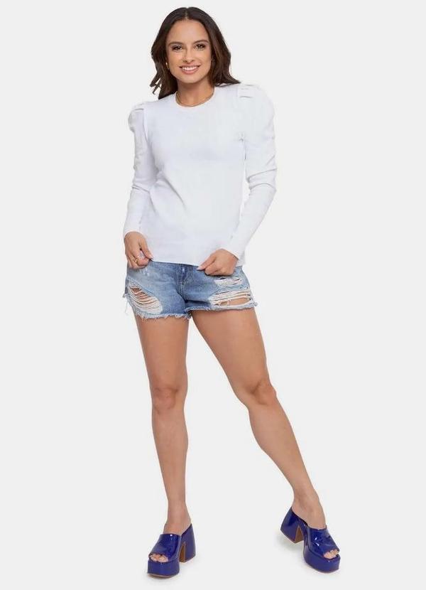 Pink Tricot - Tricô Blusa Pink Tricot Manga Bufante Princesa Feminina Branco