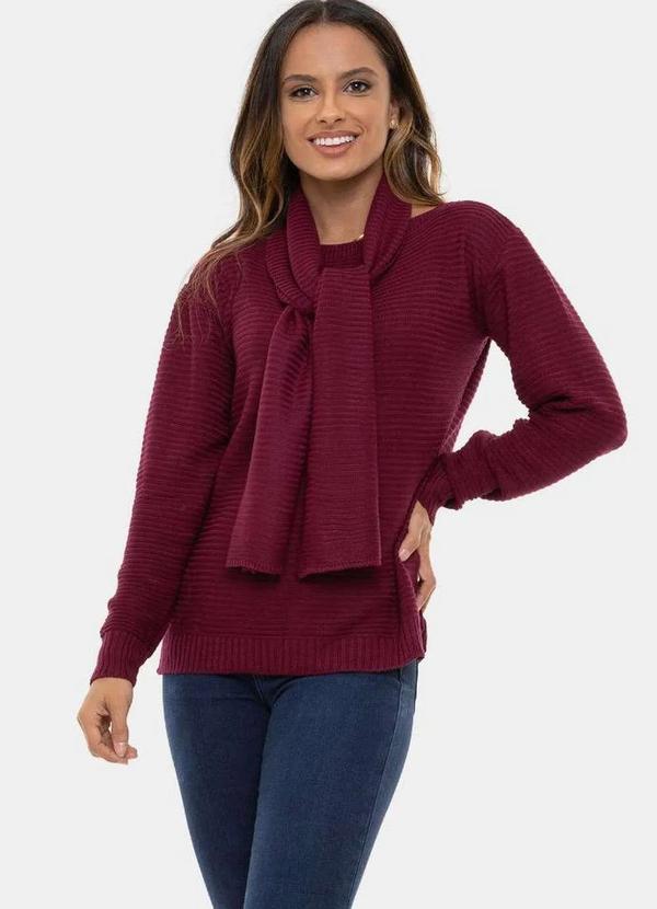 Pink Tricot - Tricô Blusa Pink Tricot Manga Longa com Cachecol Feminina Bordô