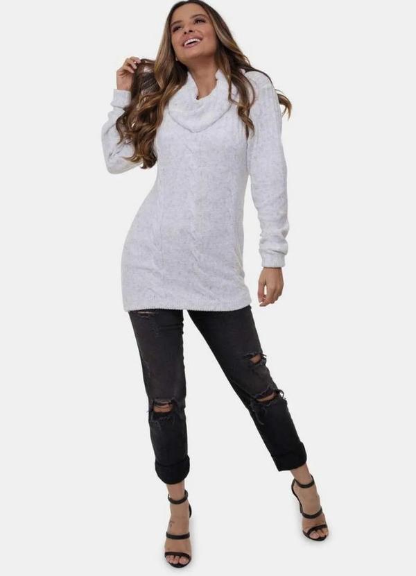 Pink Tricot - Tricô Blusa Pink Tricot Mousse com Trança e Gola Boba Feminina Branco