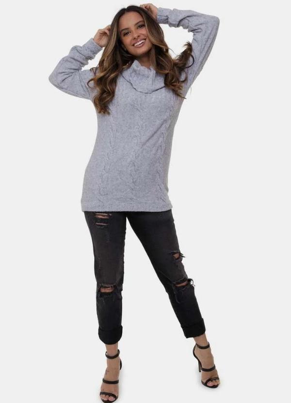 Pink Tricot - Tricô Blusa Pink Tricot Mousse com Trança e Gola Boba Feminina Cinza