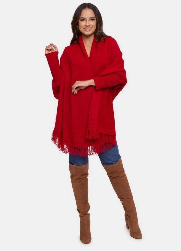 Pink Tricot - Blusa Capa Poncho Pink Tricot Tricô Franjas e Bolinhas Feminino Vermelho