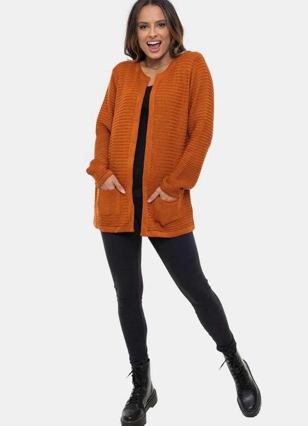 Pink Tricot - Casaco Cardigan de Tricô Fang e Bolsos Liso Pink Tricot Feminino Ferrugem