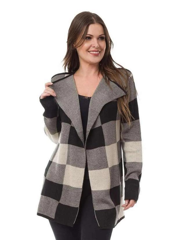 Pink Tricot - Casaco Kimono de Tricô Pink Tricot Listras Xadrez Feminino Preto-Bege
