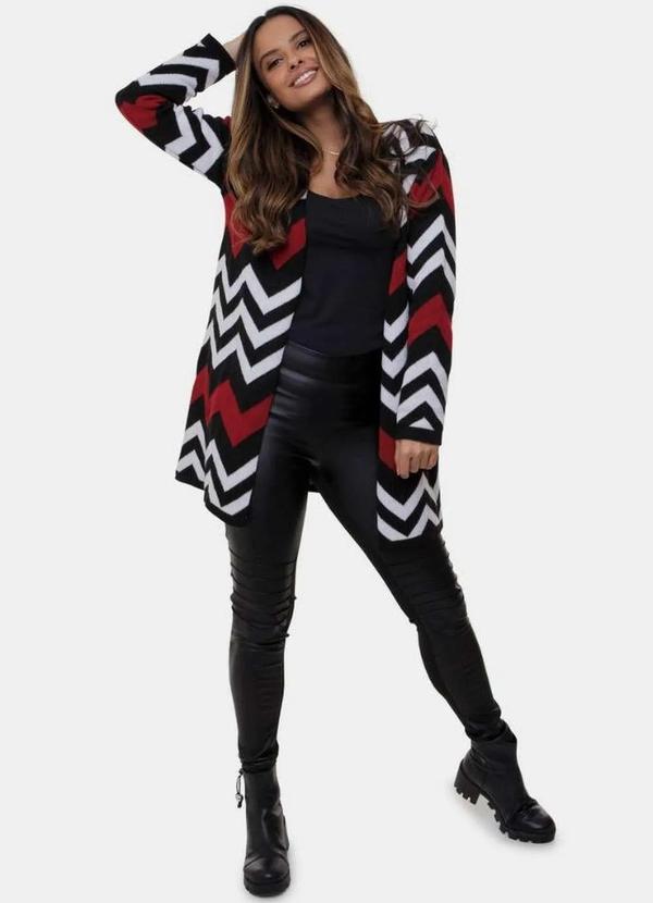 Pink Tricot - Casaco Pink Tricot Longo de Tricô com Estampa Zig Zag Feminino Preto+Vermelho