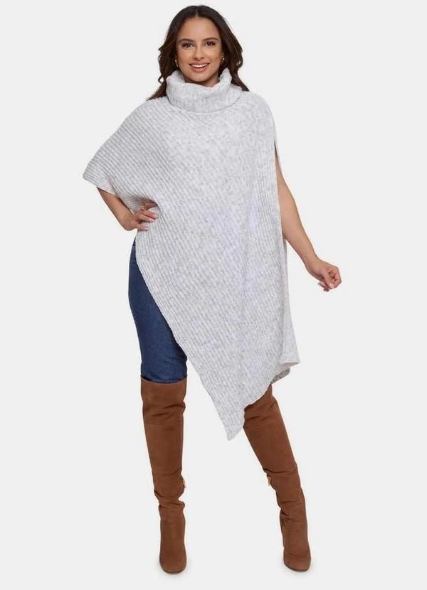 Pink Tricot - Poncho Cachecol de Tricô Mousse Pink Tricot com Gola Feminino Branco