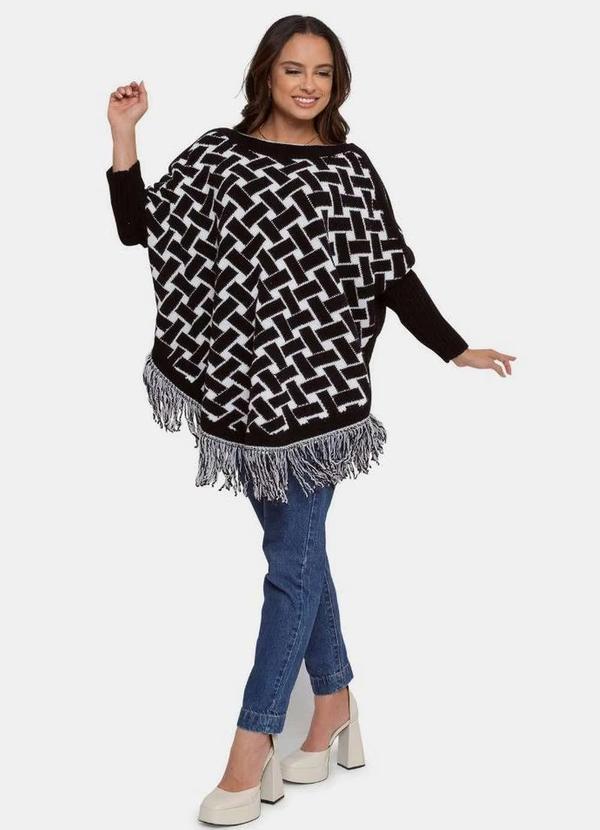 Pink Tricot - Tricô Blusa Poncho Pink Tricot Mousse Geométrico Franjas Feminino Preto