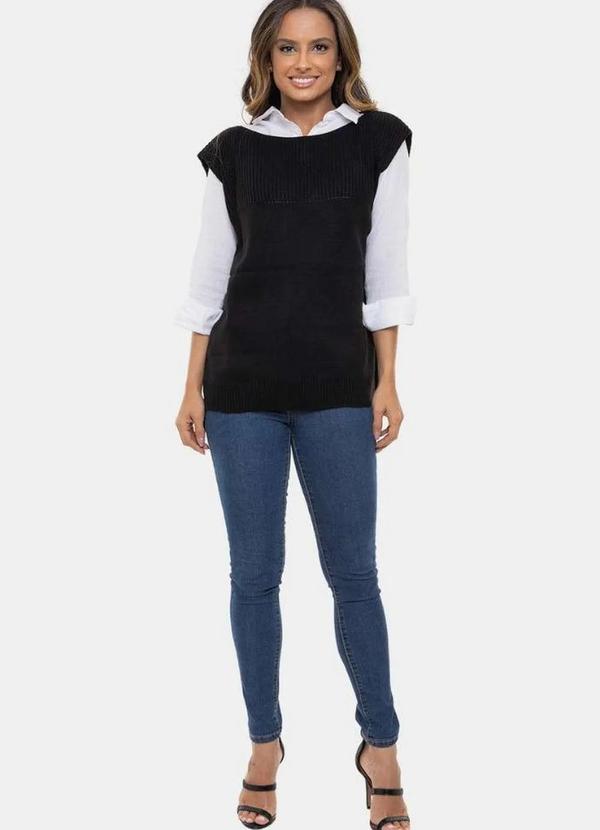 Pink Tricot - Tricô Colete Pink Tricot Fang Mullet e Corte Sofisticado Feminino Preto