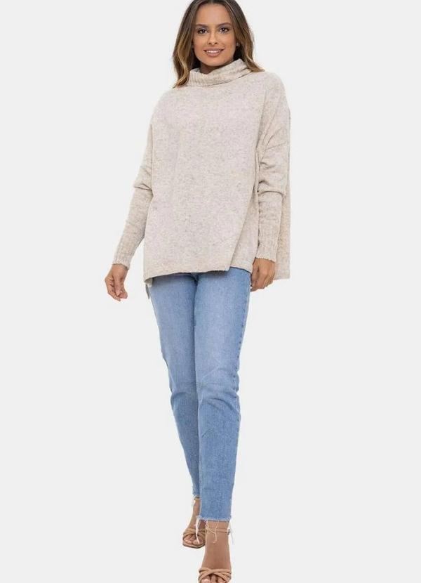 Pink Tricot - Tricô Poncho Gola Boba e Manga Longa Pink Tricot Mousse Feminino Bege