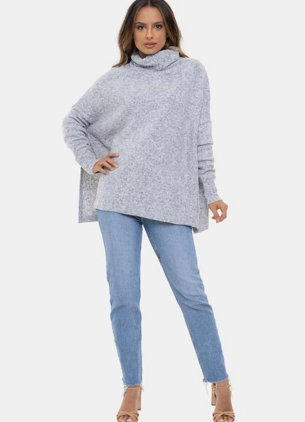 Pink Tricot - Tricô Poncho Gola Boba e Manga Longa Pink Tricot Mousse Feminino Cinza