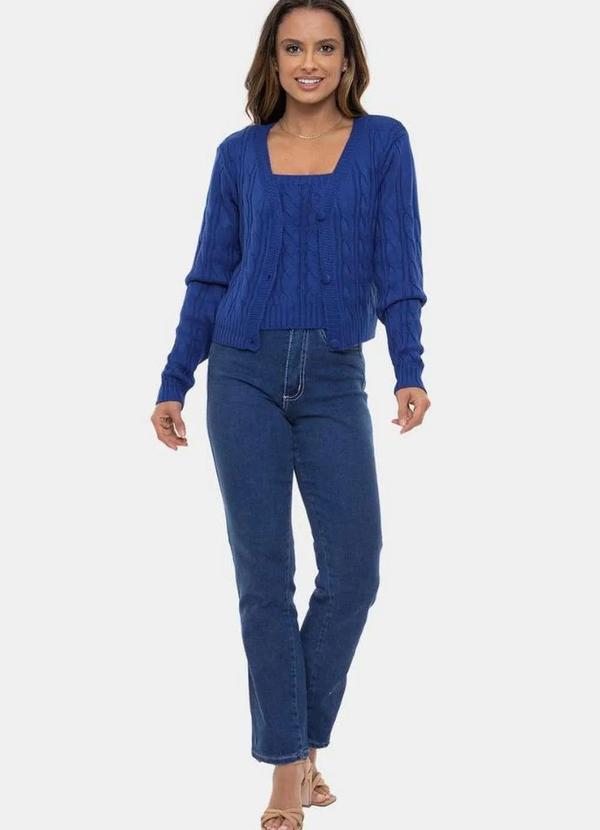 Pink Tricot - Tricô Conjunto Twin Set Pink Tricot com Regata e Casaco Feminino Azul