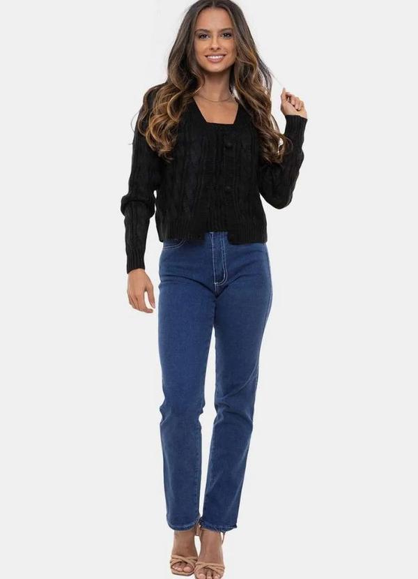 Pink Tricot - Tricô Conjunto Twin Set Pink Tricot com Regata e Casaco Feminino Preto