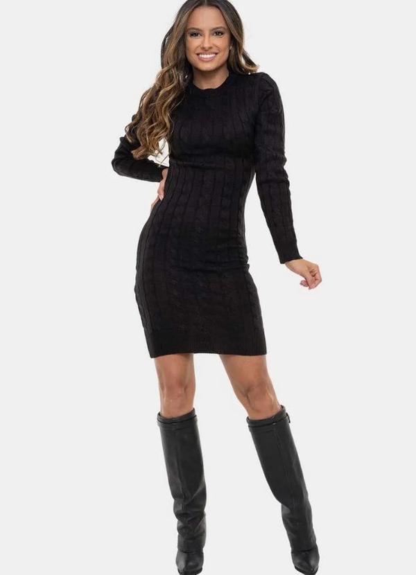 Tricô Vestido Curto Pink Tricot Modal Trança Manga Longa Feminino