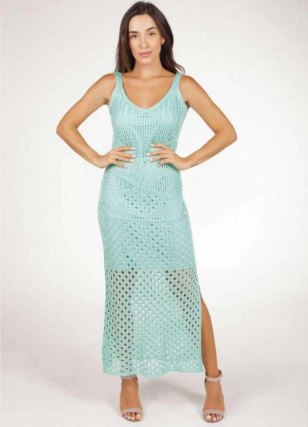 Pink Tricot - Vestido Longo de Tricô Decote V Fenda Pink Tricot Renda Feminino Verde